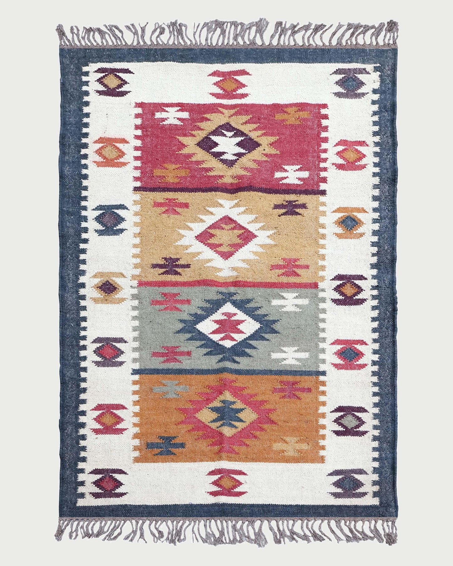 Hand Woven Indian Geometric Beautiful Traditional Multicolor Wool Jute Rug