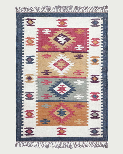 Hand Woven Indian Geometric Beautiful Traditional Multicolor Wool Jute Rug