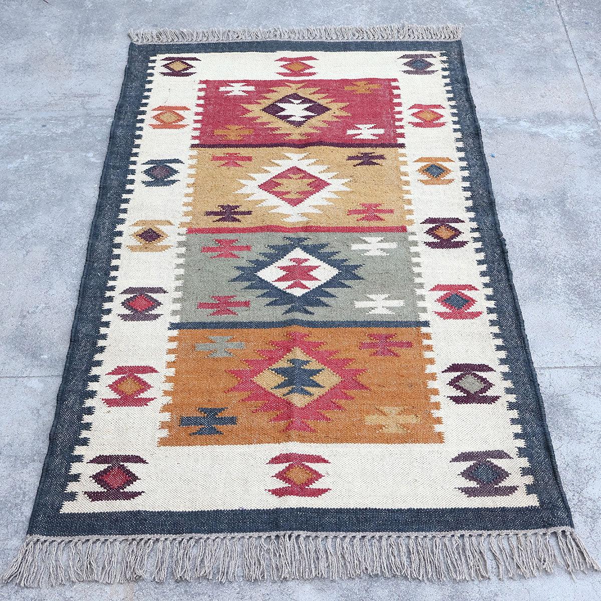 Hand Woven Indian Geometric Beautiful Traditional Multicolor Wool Jute Rug