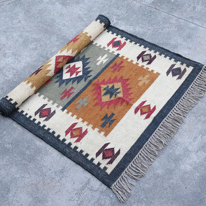 Hand Woven Indian Geometric Beautiful Traditional Multicolor Wool Jute Rug