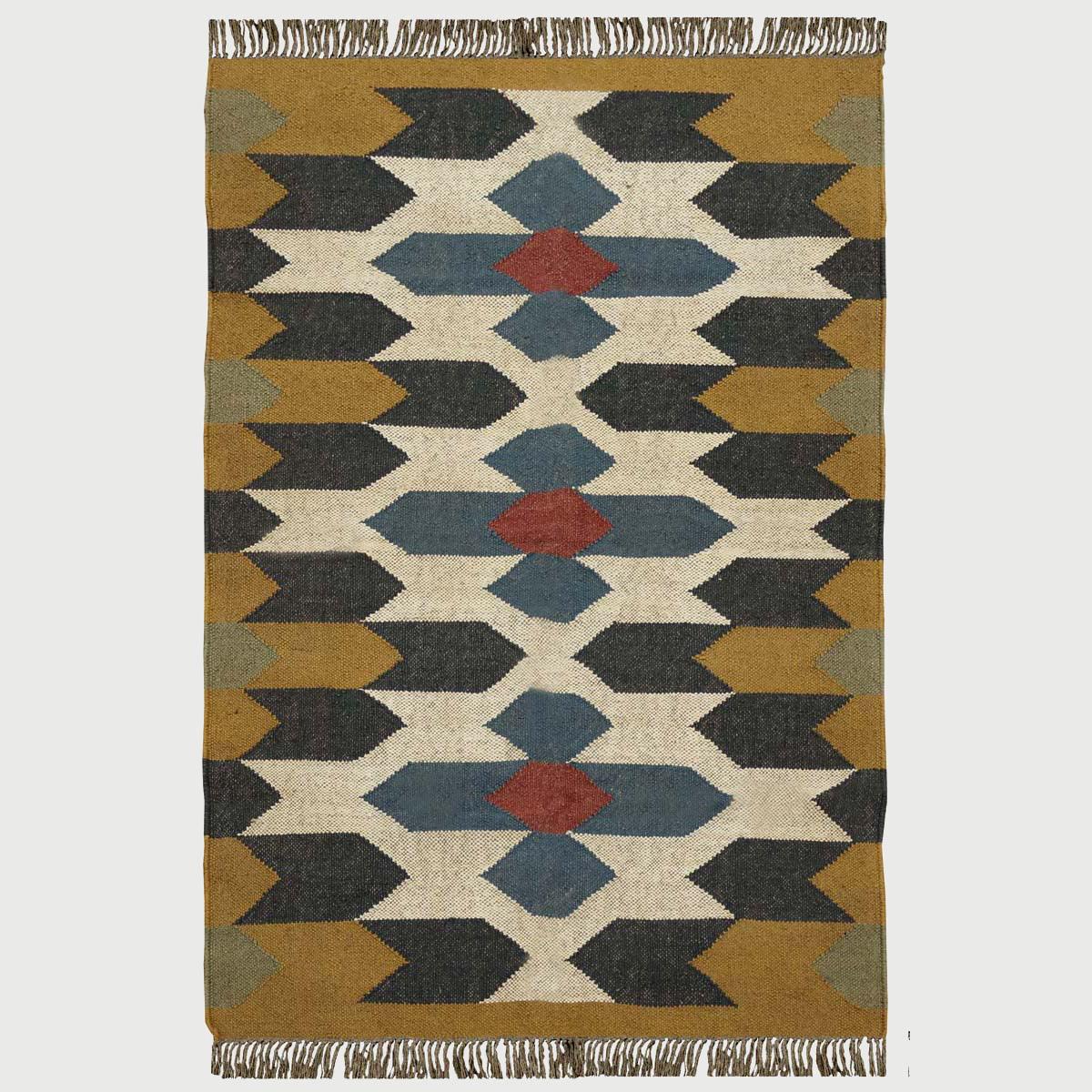 Indian Hand Woven Geometric Yellow Beige Wool Jute Rug - Indian Rug Store