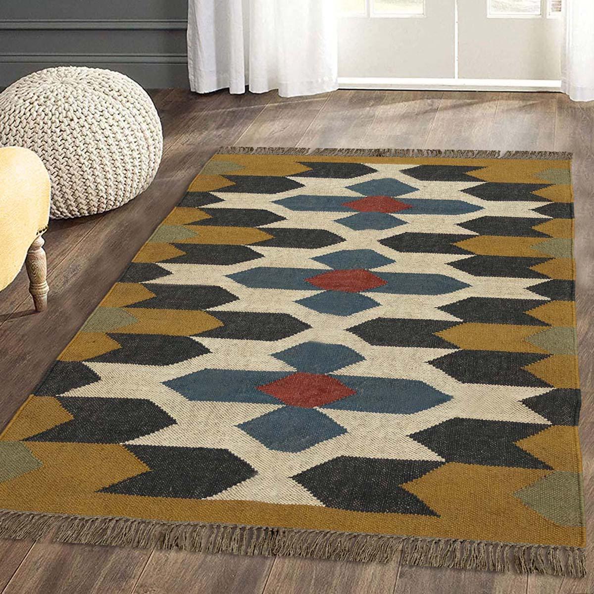 Indian Hand Woven Geometric Yellow Beige Wool Jute Rug - Indian Rug Store