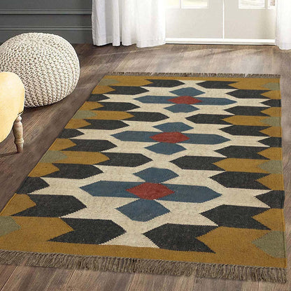 Indian Hand Woven Geometric Yellow Beige Wool Jute Rug - Indian Rug Store