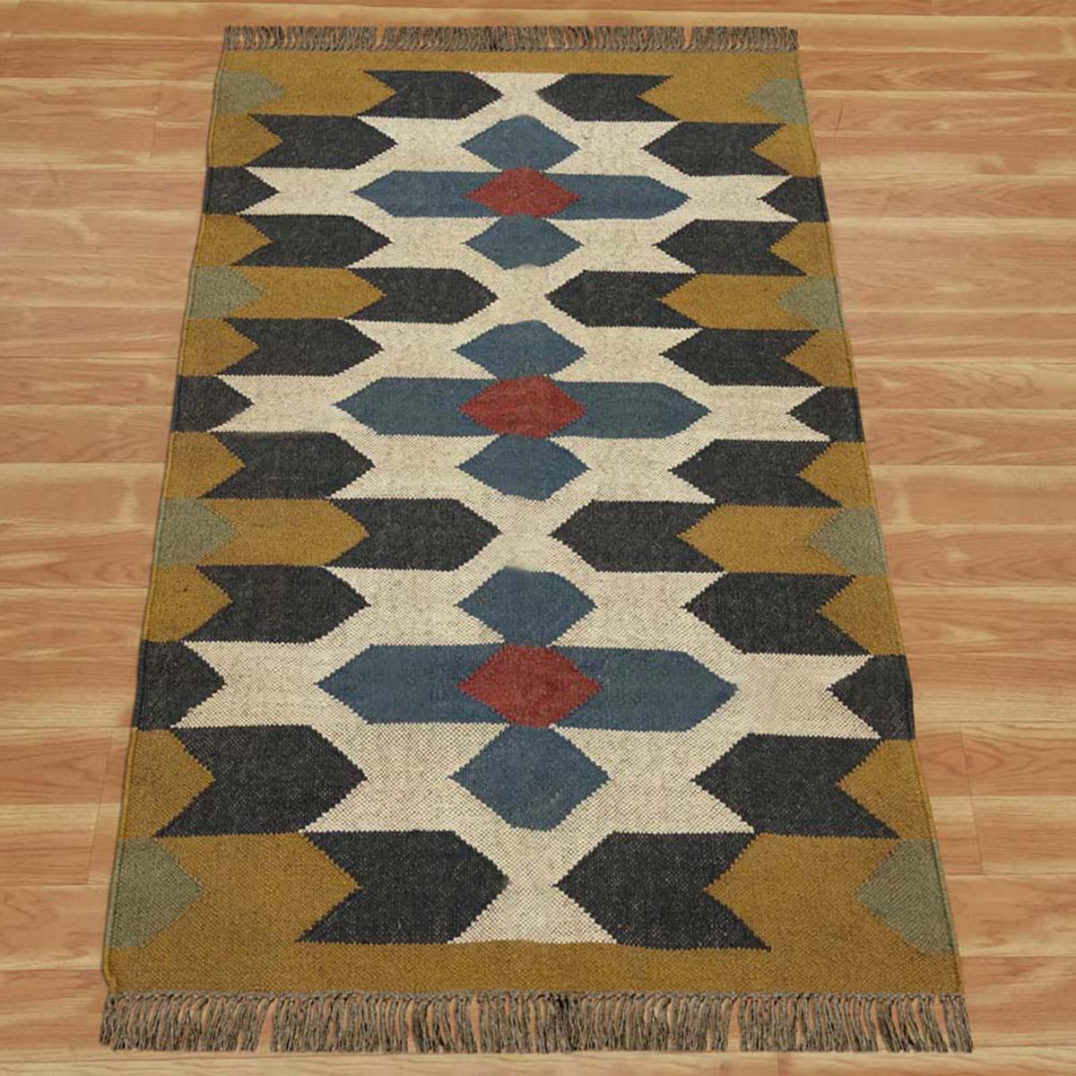 Indian Hand Woven Geometric Yellow Beige Wool Jute Rug - Indian Rug Store