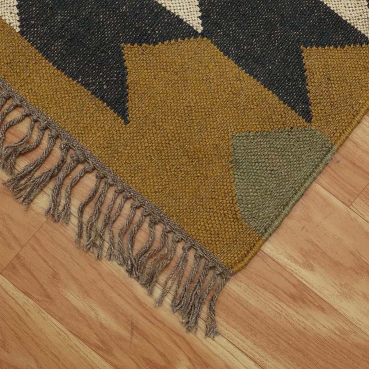 Indian Hand Woven Geometric Yellow Beige Wool Jute Rug - Indian Rug Store