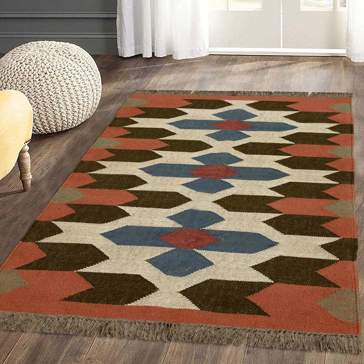 Brown Rust Multicolor Hand Woven Geometric Out House Woolo Jute Rug - Indian Rug Store