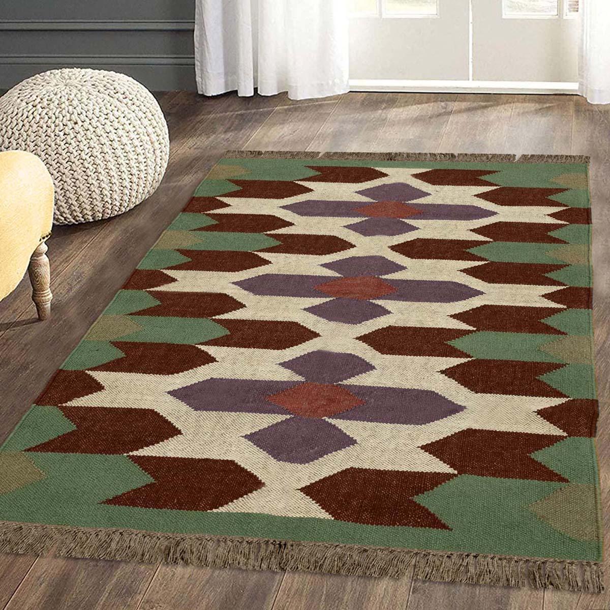 Rectangle Hand Woven Green Chocolate Brown Interior Wool Jute Rug - Indian Rug Store