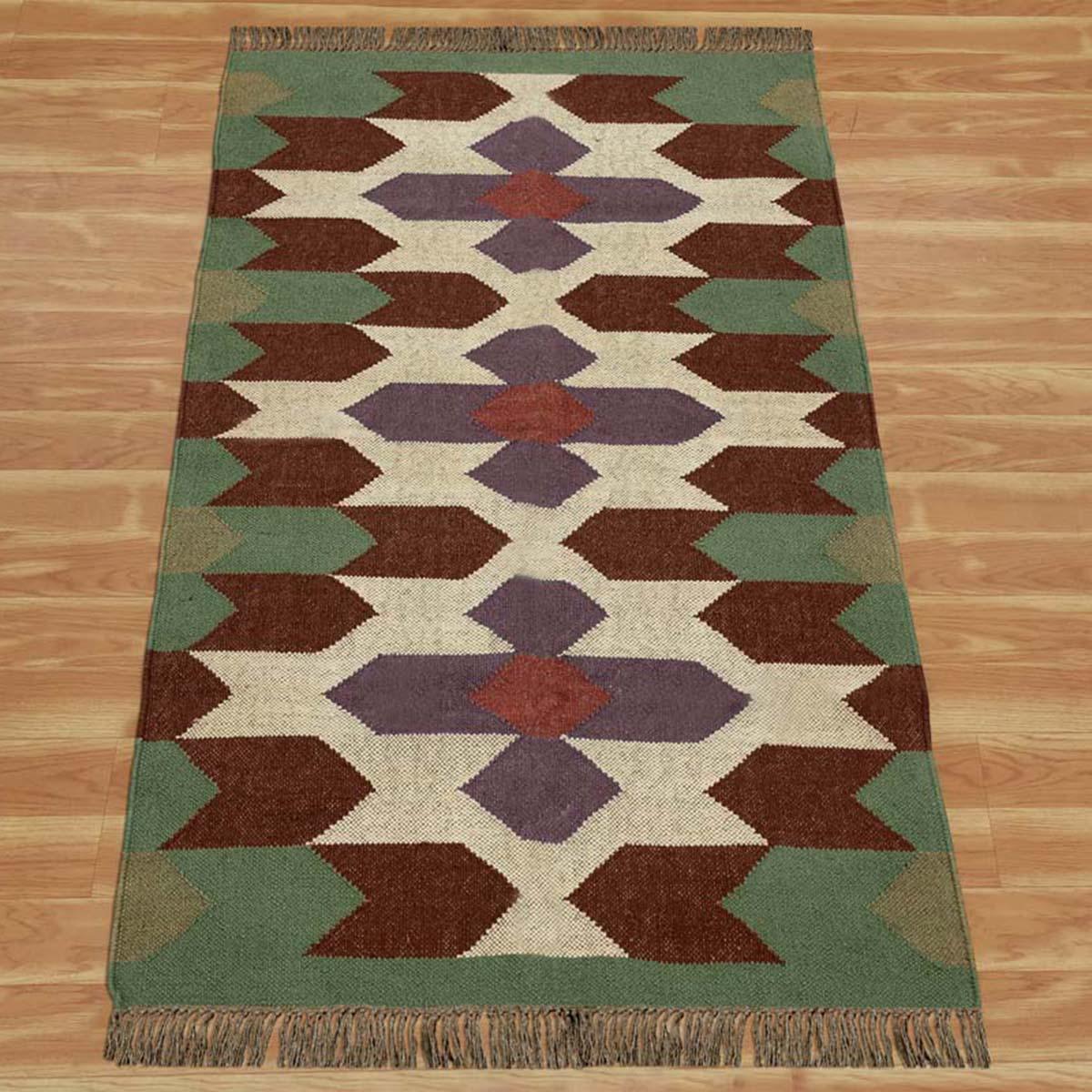 Rectangle Hand Woven Green Chocolate Brown Interior Wool Jute Rug - Indian Rug Store