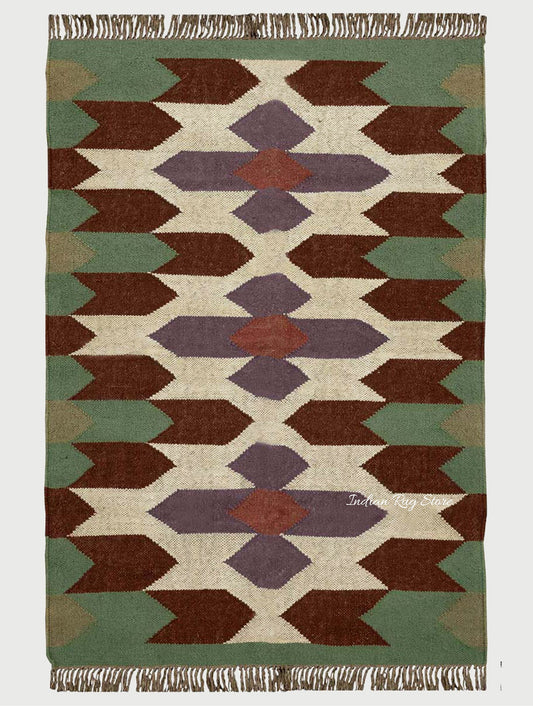 Rectangle Hand Woven Green Chocolate Brown Interior Wool Jute Rug