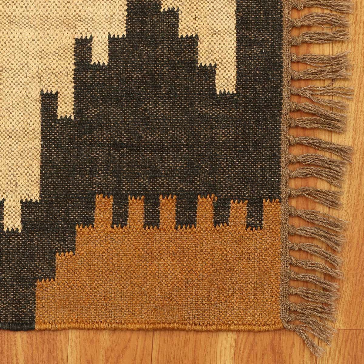 Hand Woven Geometric Beige Black Home Decor Wool Jute Rug - Indian Rug Store