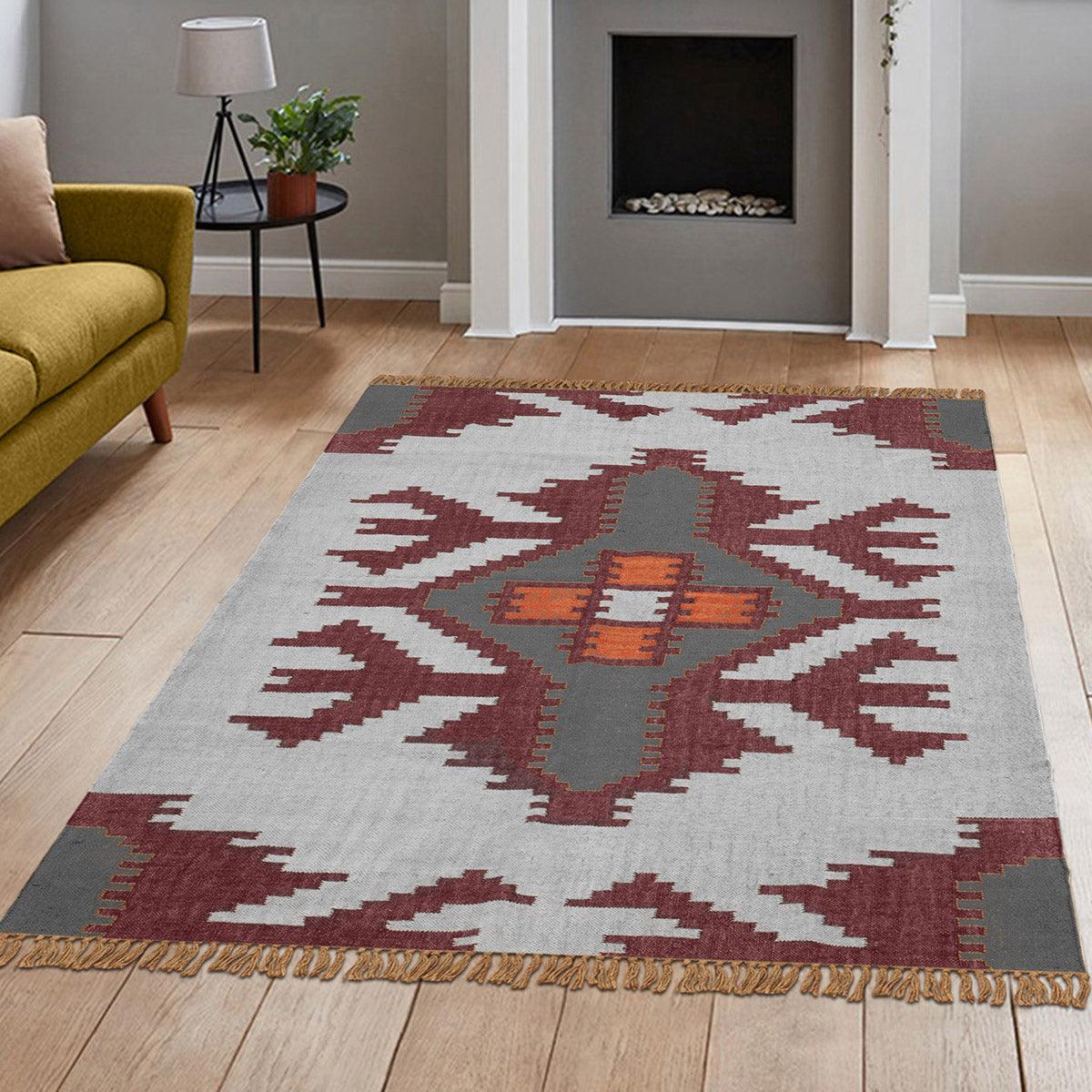 Geometric Hand Woven Gray Dark Brown Bedroom Decor Wool Jute Rug - Indian Rug Store