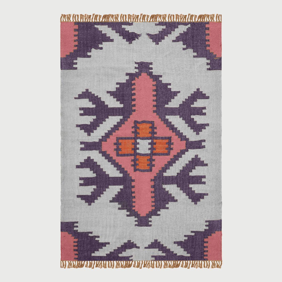 Rectangle Hand Woven Solid Pink Indigo Geometric Out House Wool Jute Rug - Indian Rug Store