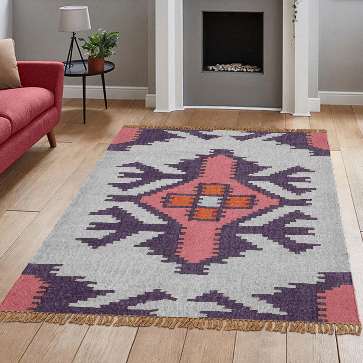 Rectangle Hand Woven Solid Pink Indigo Geometric Out House Wool Jute Rug - Indian Rug Store