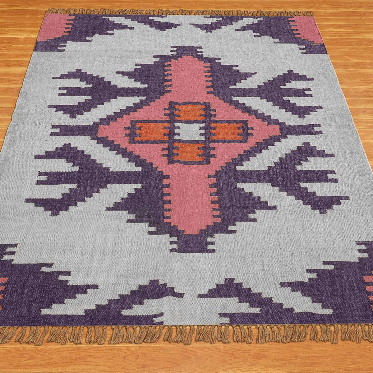 Rectangle Hand Woven Solid Pink Indigo Geometric Out House Wool Jute Rug - Indian Rug Store