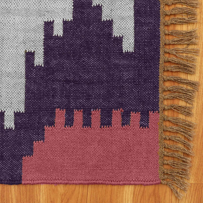 Rectangle Hand Woven Solid Pink Indigo Geometric Out House Wool Jute Rug - Indian Rug Store