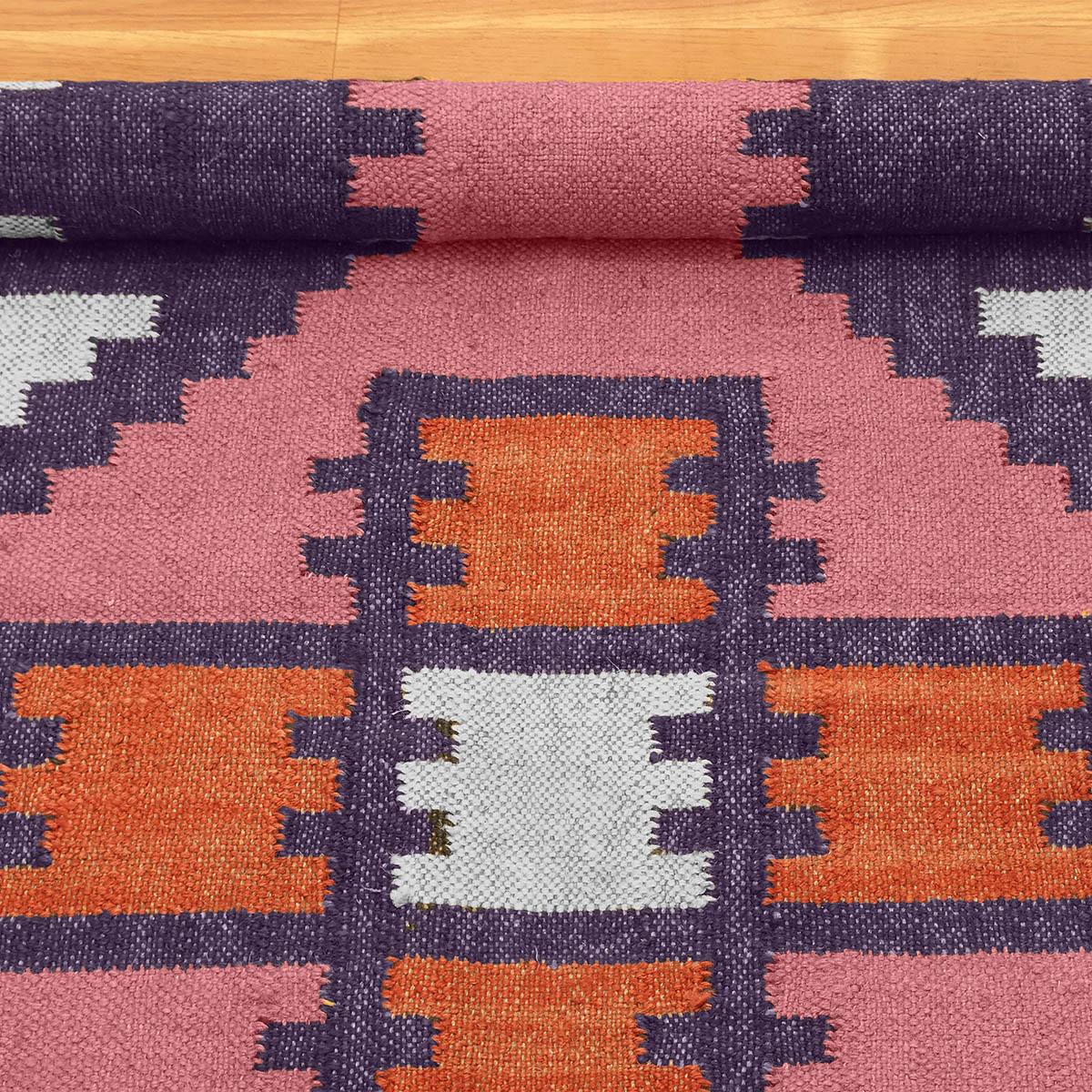 Rectangle Hand Woven Solid Pink Indigo Geometric Out House Wool Jute Rug - Indian Rug Store