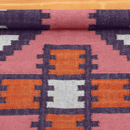 Rectangle Hand Woven Solid Pink Indigo Geometric Out House Wool Jute Rug - Indian Rug Store