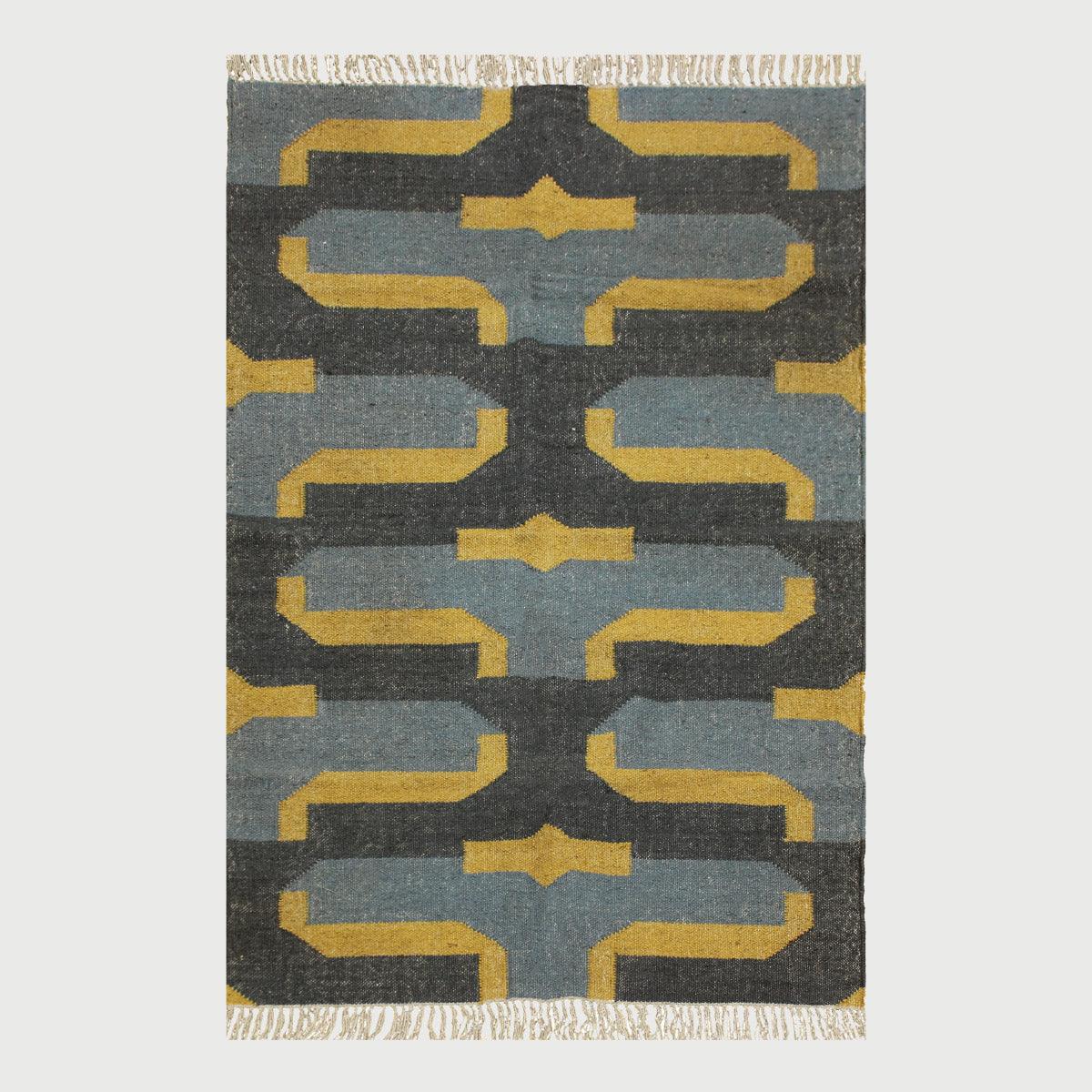 Indian Hand Woven Gray Yellow Musterd Geometric Wool Jute Rug - Indian Rug Store