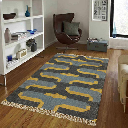 Indian Hand Woven Gray Yellow Musterd Geometric Wool Jute Rug - Indian Rug Store