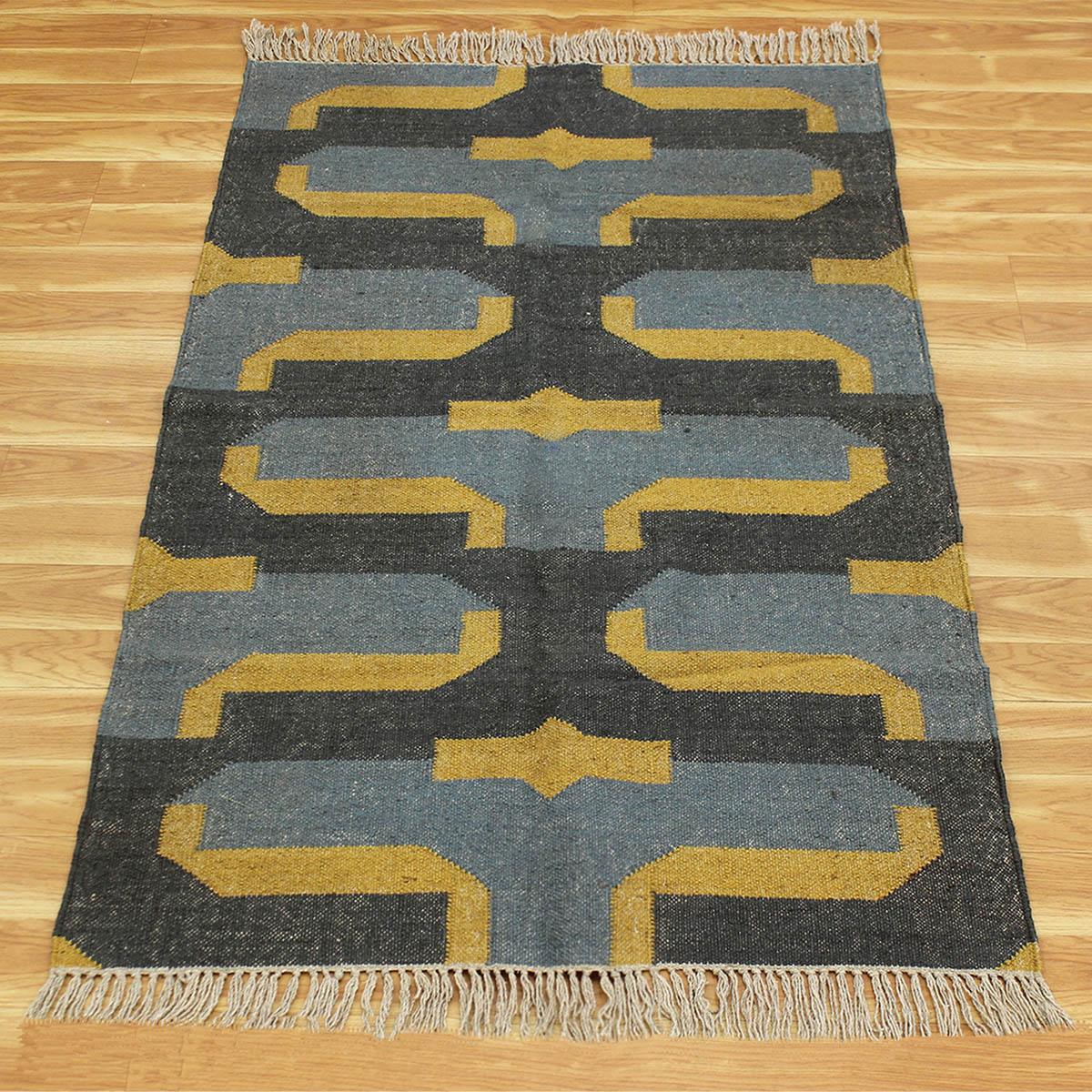 Indian Hand Woven Gray Yellow Musterd Geometric Wool Jute Rug - Indian Rug Store