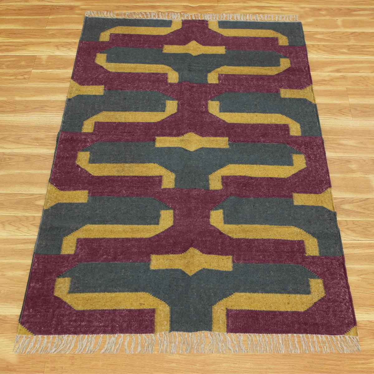 Purple Brown Gray Hand Woven Geometric Entrance Decor Wool Jute Rug - Indian Rug Store