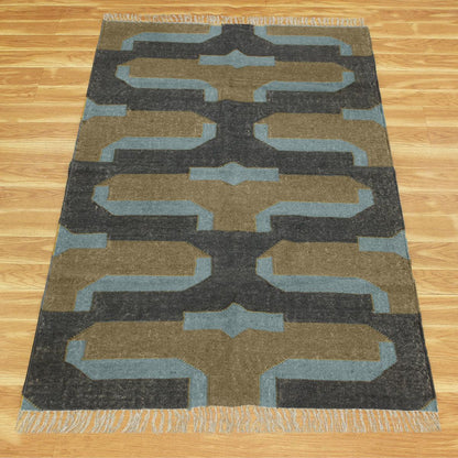 Hand Woven Farm House Decor Gray Grayish Brown Geometric Wool Jute Rug - Indian Rug Store