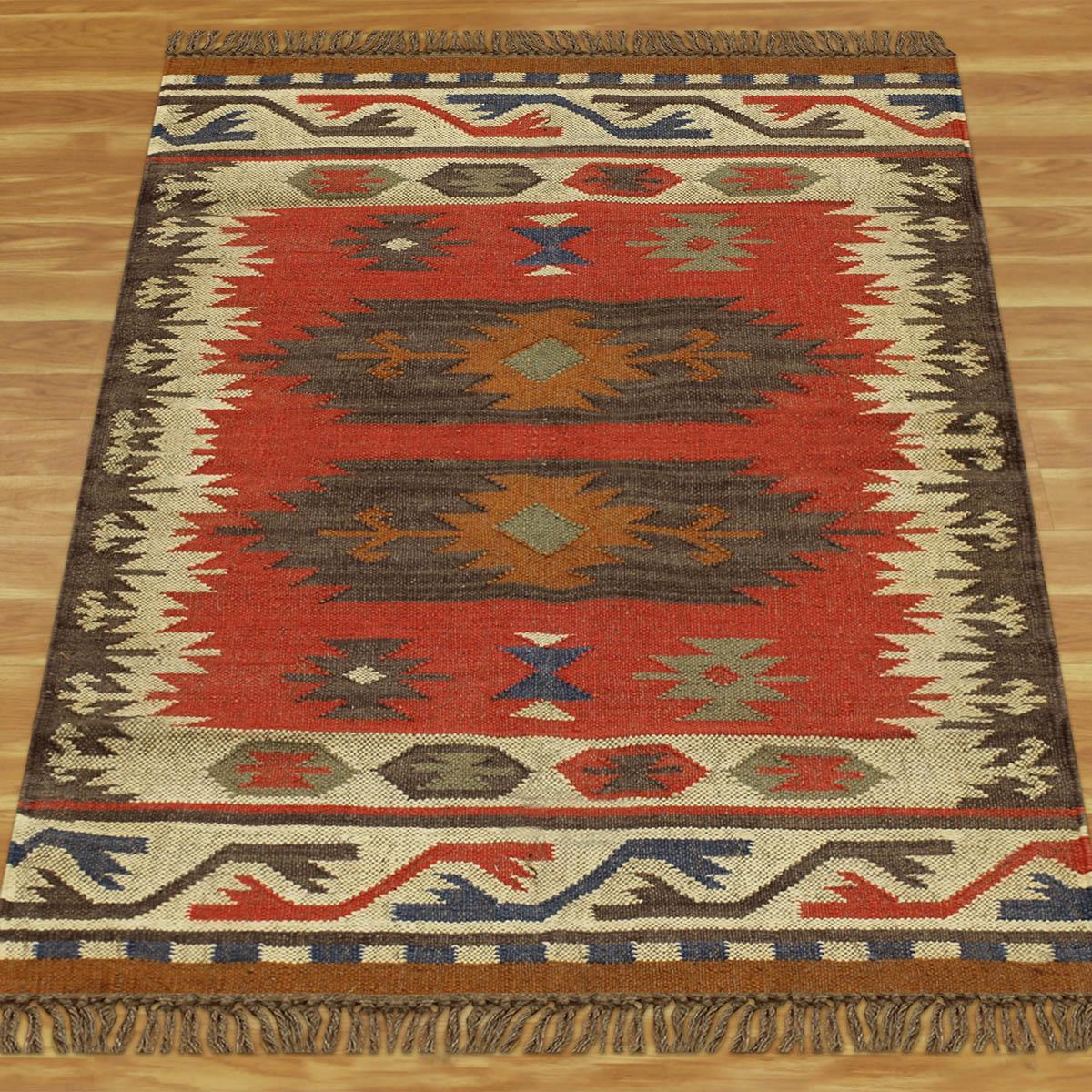 Indian Hand Woven Red Multicolor Geometric Wool Jute Rug - Indian Rug Store