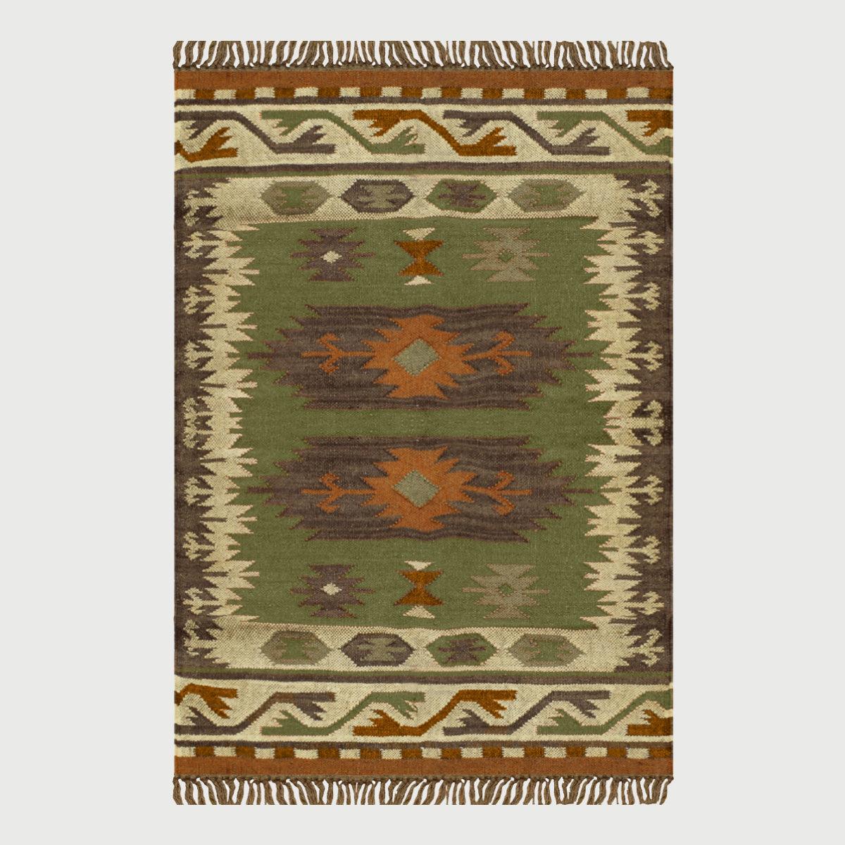 Hand Woven Geometric Green Brown Bedroom Decor Wool Jute Rug - Indian Rug Store