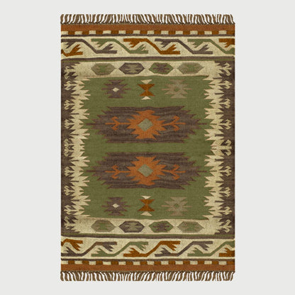 Hand Woven Geometric Green Brown Bedroom Decor Wool Jute Rug - Indian Rug Store