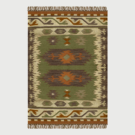 Hand Woven Geometric Green Brown Bedroom Decor Wool Jute Rug - Indian Rug Store