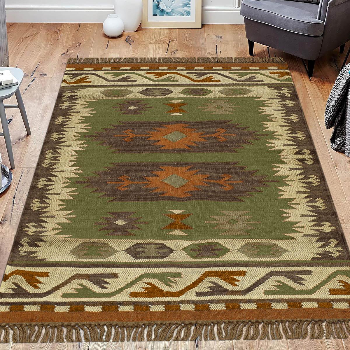 Hand Woven Geometric Green Brown Bedroom Decor Wool Jute Rug - Indian Rug Store