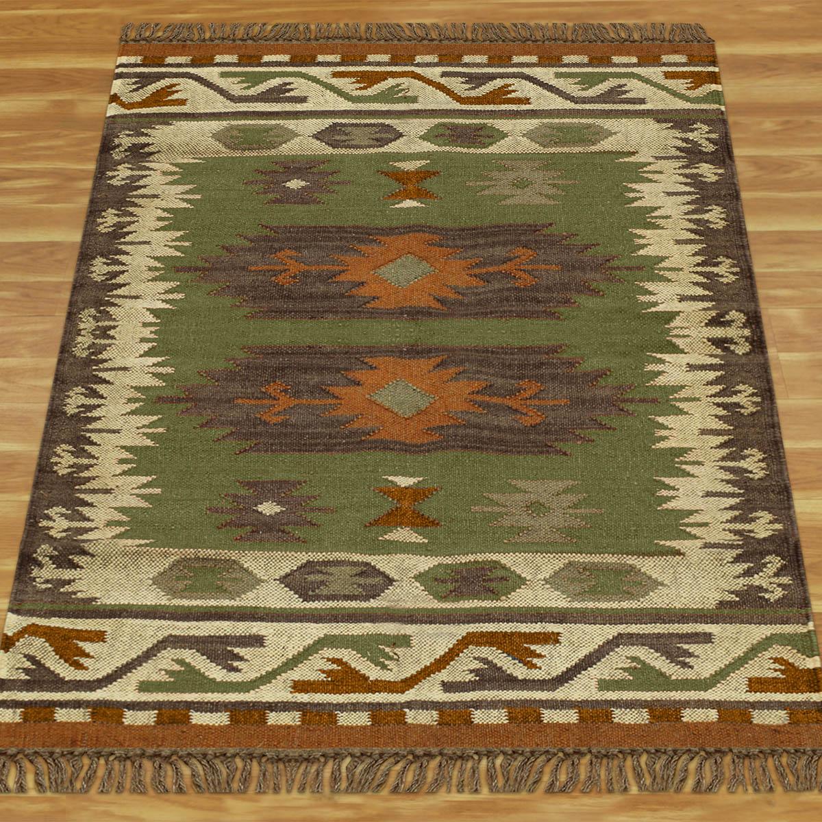 Hand Woven Geometric Green Brown Bedroom Decor Wool Jute Rug - Indian Rug Store