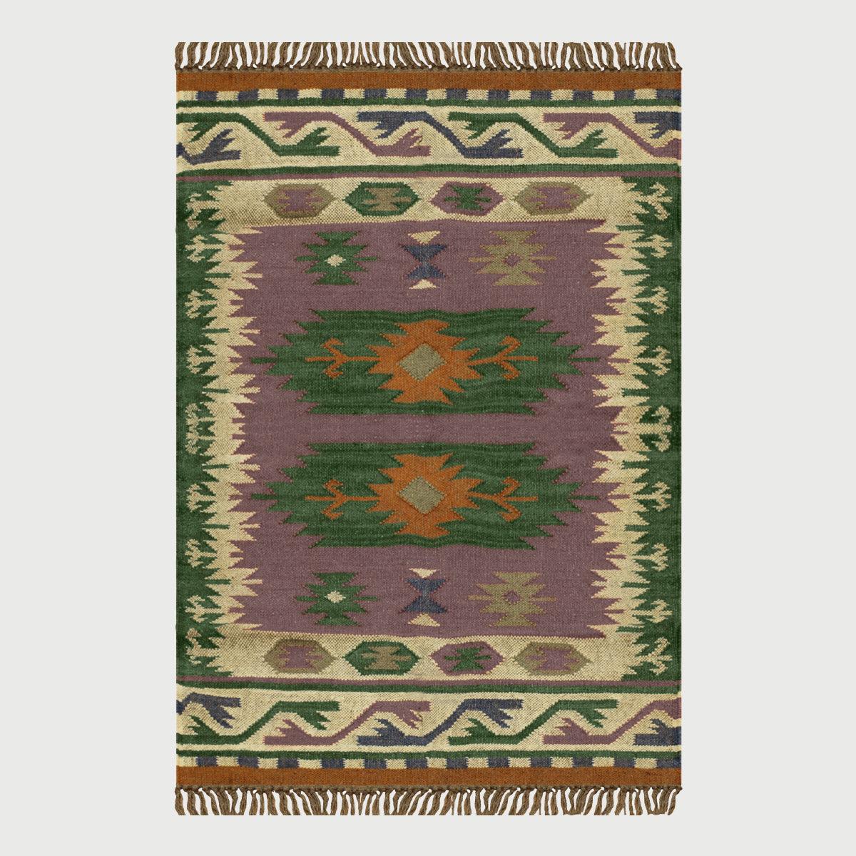 Green Multicolor Hand Woven Geometric Farm House Decor Wool Jute Rug - Indian Rug Store