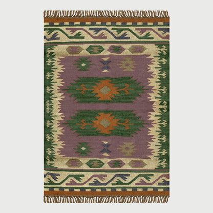 Green Multicolor Hand Woven Geometric Farm House Decor Wool Jute Rug - Indian Rug Store