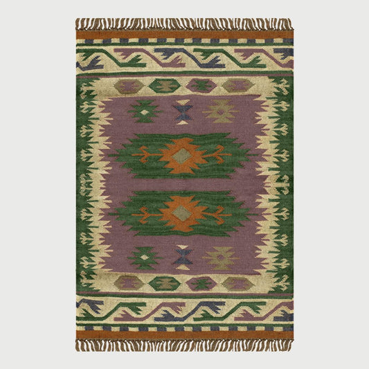 Green Multicolor Hand Woven Geometric Farm House Decor Wool Jute Rug - Indian Rug Store