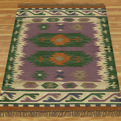 Green Multicolor Hand Woven Geometric Farm House Decor Wool Jute Rug - Indian Rug Store