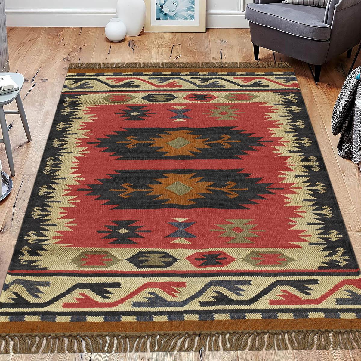 Red Black Hand Woven Geometric Living Area Wool Jute Rug - Indian Rug Store