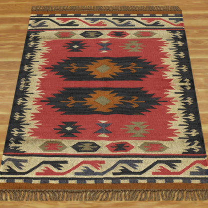 Red Black Hand Woven Geometric Living Area Wool Jute Rug - Indian Rug Store