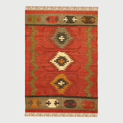 Hand Woven Geometric Red Multicolor Bedroom Decor Wool Jute Rug - Indian Rug Store