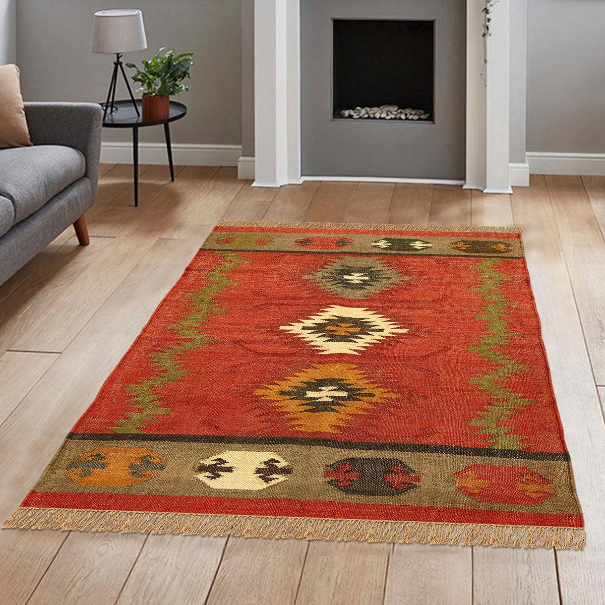 Hand Woven Geometric Red Multicolor Bedroom Decor Wool Jute Rug - Indian Rug Store