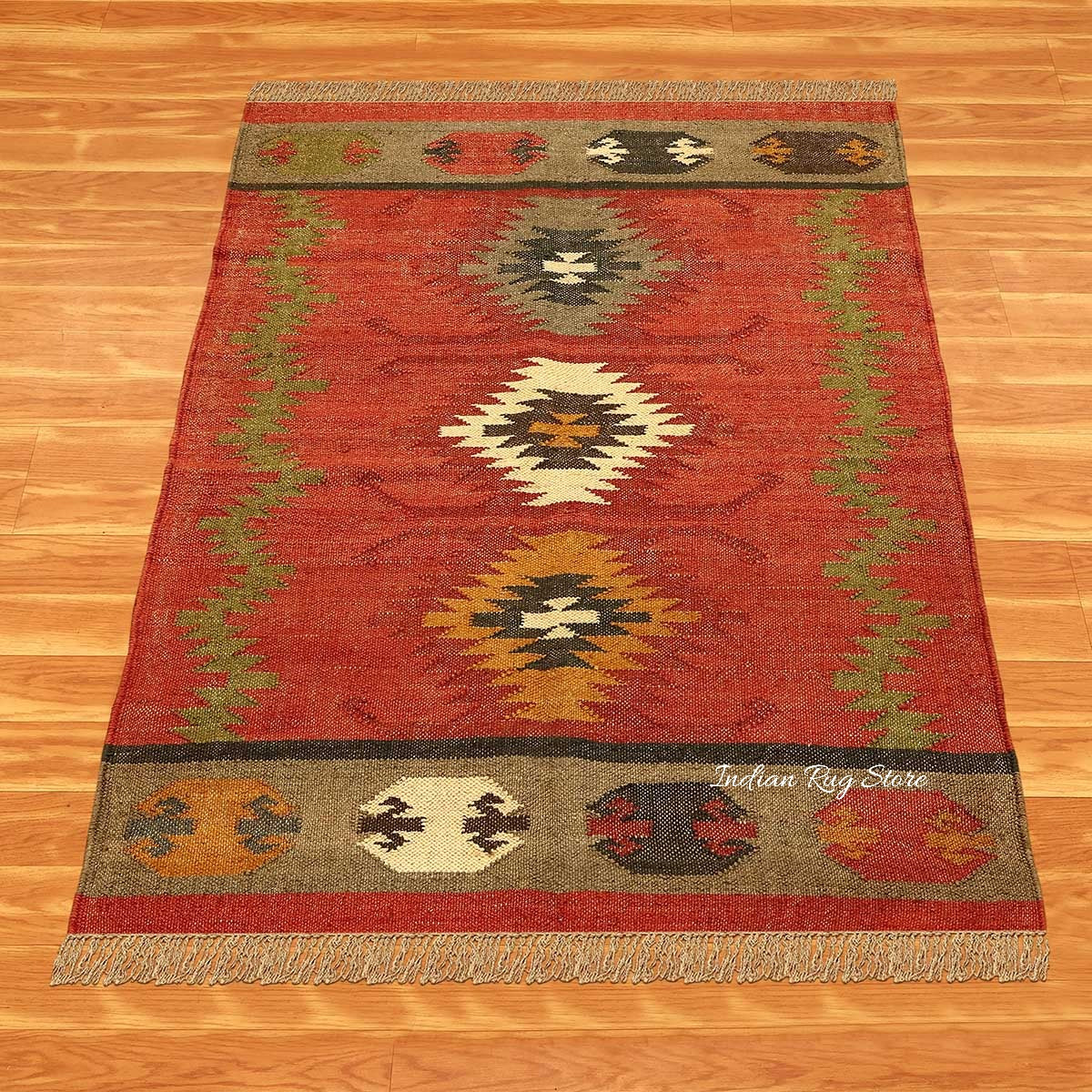 Hand Woven Geometric Red Multicolor Bedroom Decor Wool Jute Rug