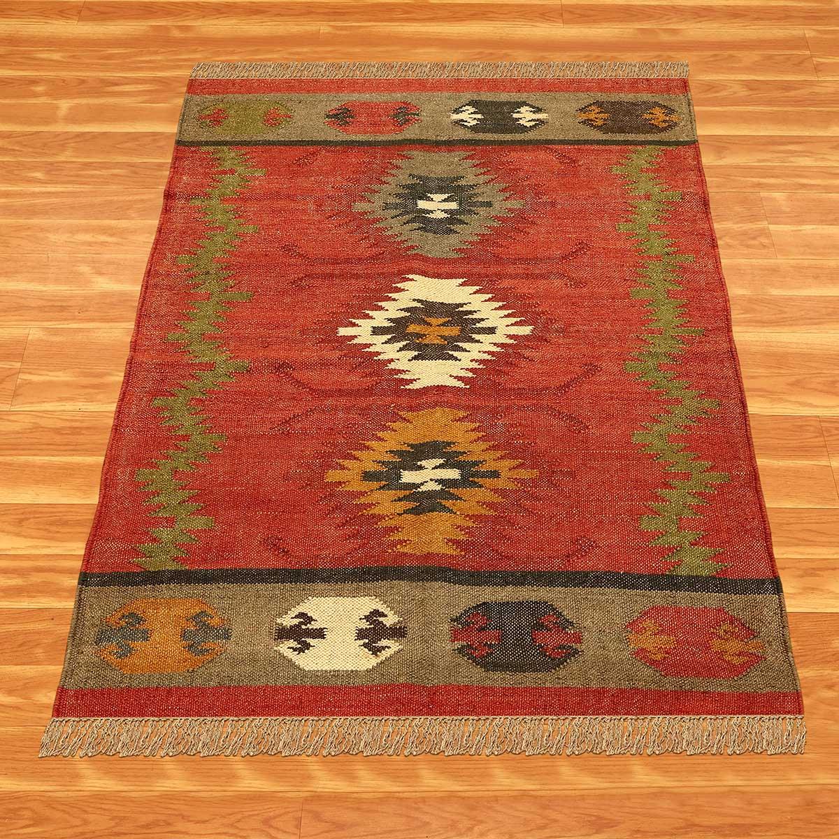 Hand Woven Geometric Red Multicolor Bedroom Decor Wool Jute Rug - Indian Rug Store