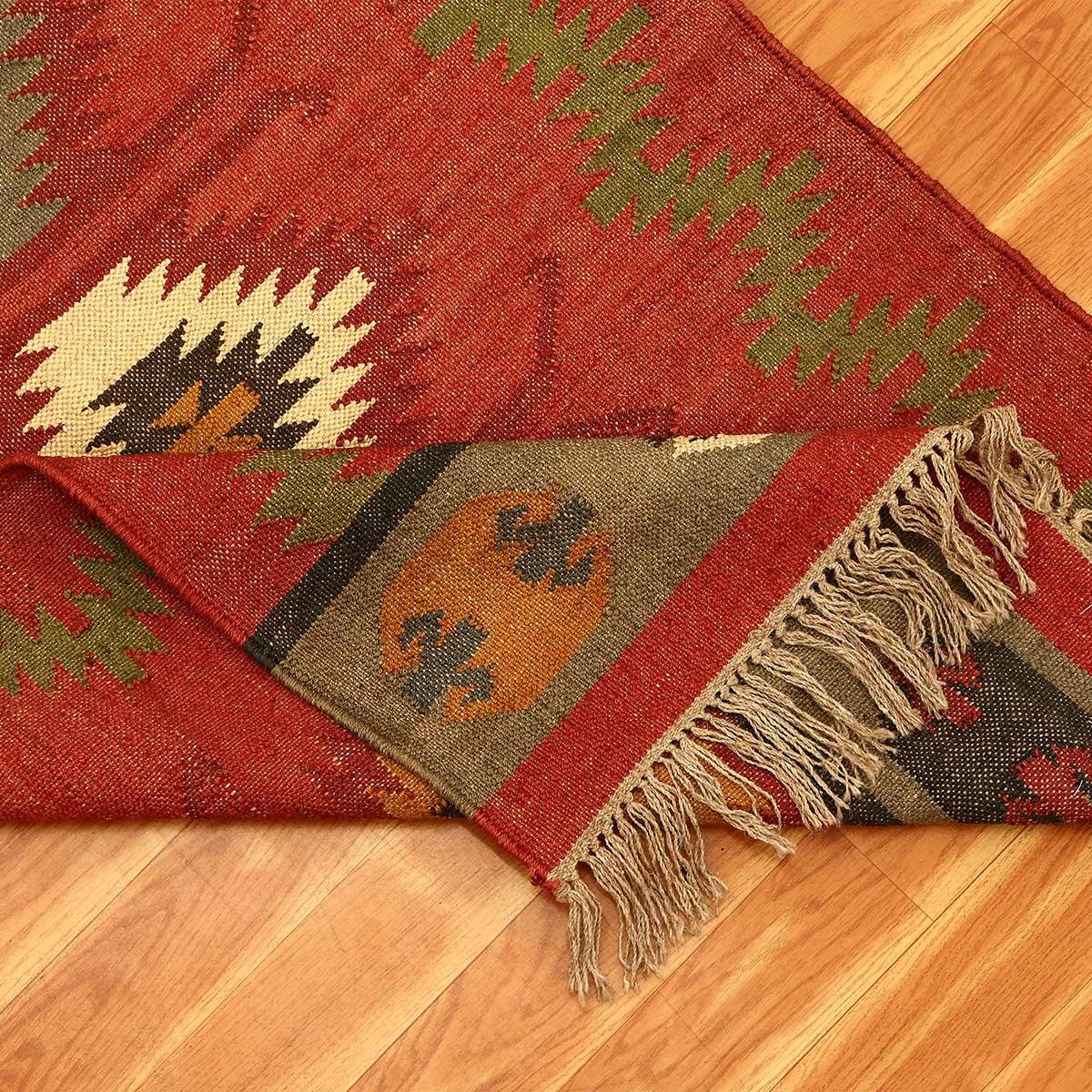 Hand Woven Geometric Red Multicolor Bedroom Decor Wool Jute Rug - Indian Rug Store