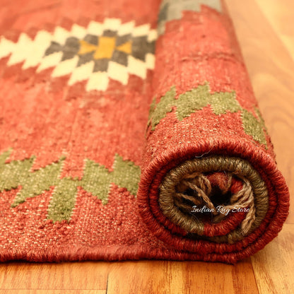 Hand Woven Geometric Red Multicolor Bedroom Decor Wool Jute Rug