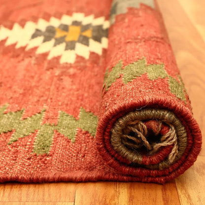 Hand Woven Geometric Red Multicolor Bedroom Decor Wool Jute Rug - Indian Rug Store