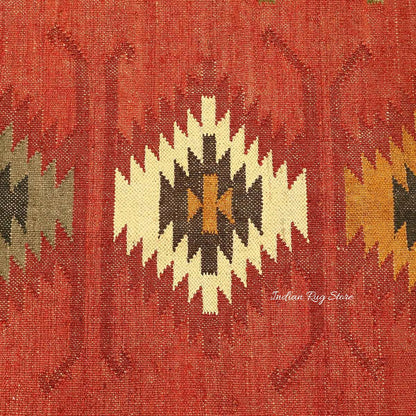 Hand Woven Geometric Red Multicolor Bedroom Decor Wool Jute Rug