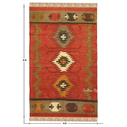 Hand Woven Geometric Red Multicolor Bedroom Decor Wool Jute Rug