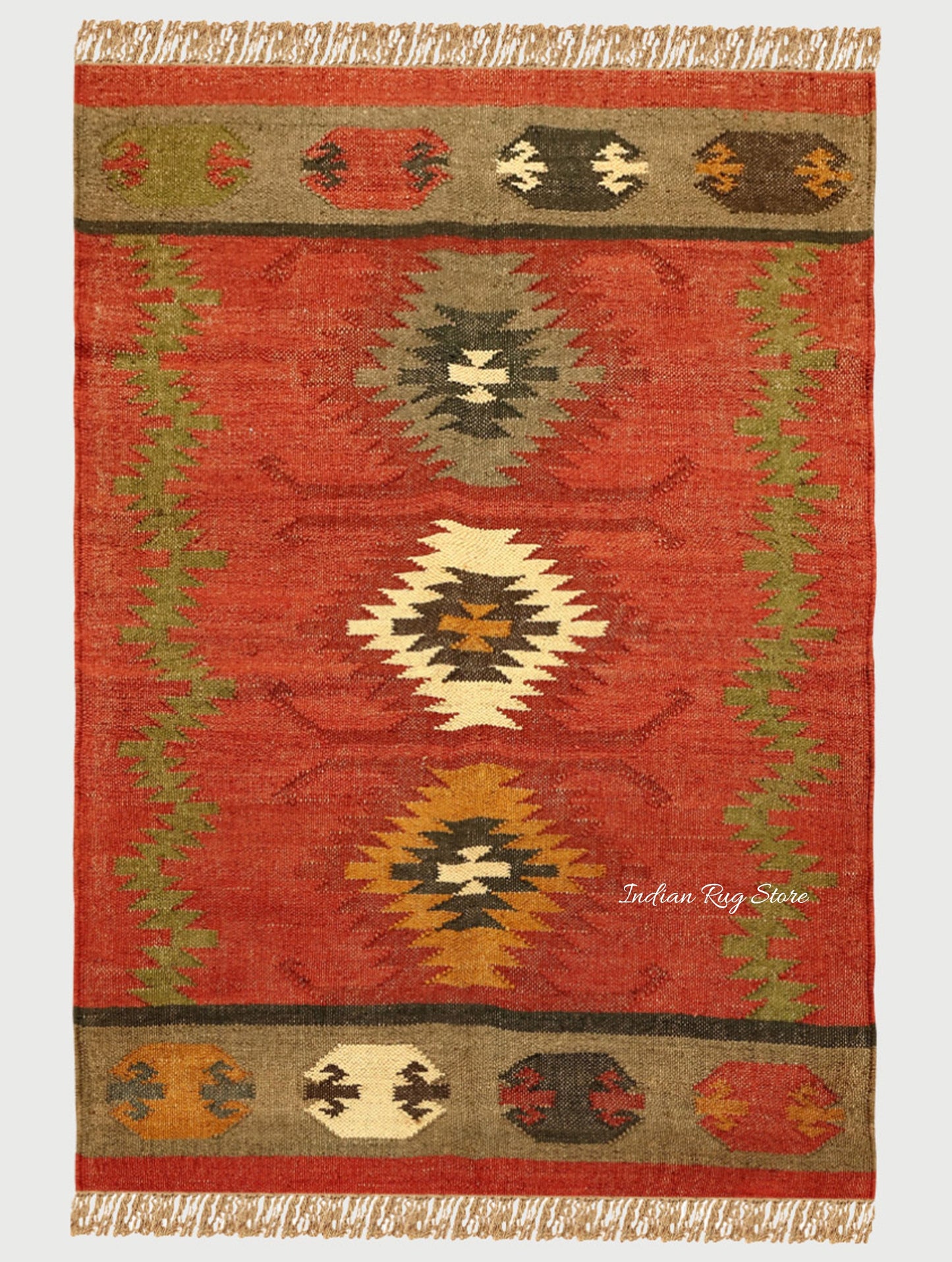 Hand Woven Geometric Red Multicolor Bedroom Decor Wool Jute Rug