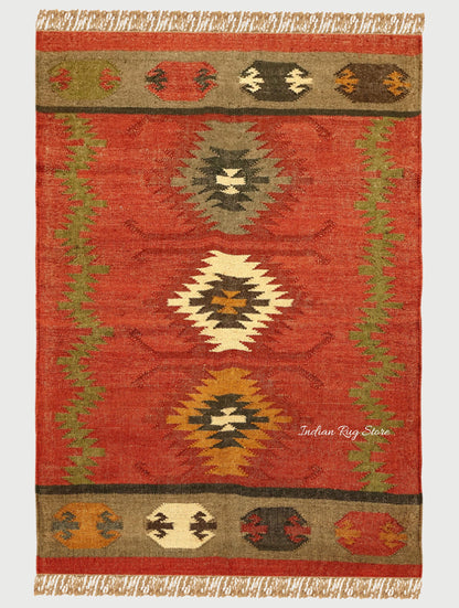 Hand Woven Geometric Red Multicolor Bedroom Decor Wool Jute Rug