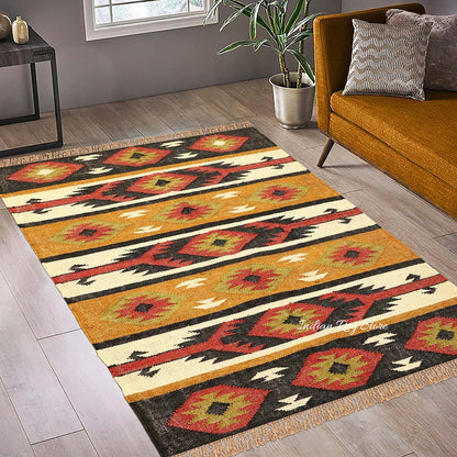 Geometric Hand Woven Beige Multicolor Farm House Decor Wool Jute Rug